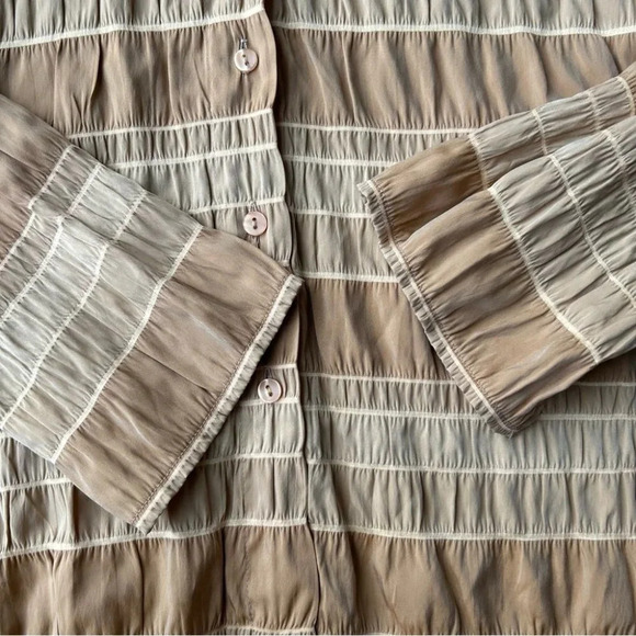 A&K Designs Tan Beige Smocked Button Down  Blouse - Picture 9 of 15